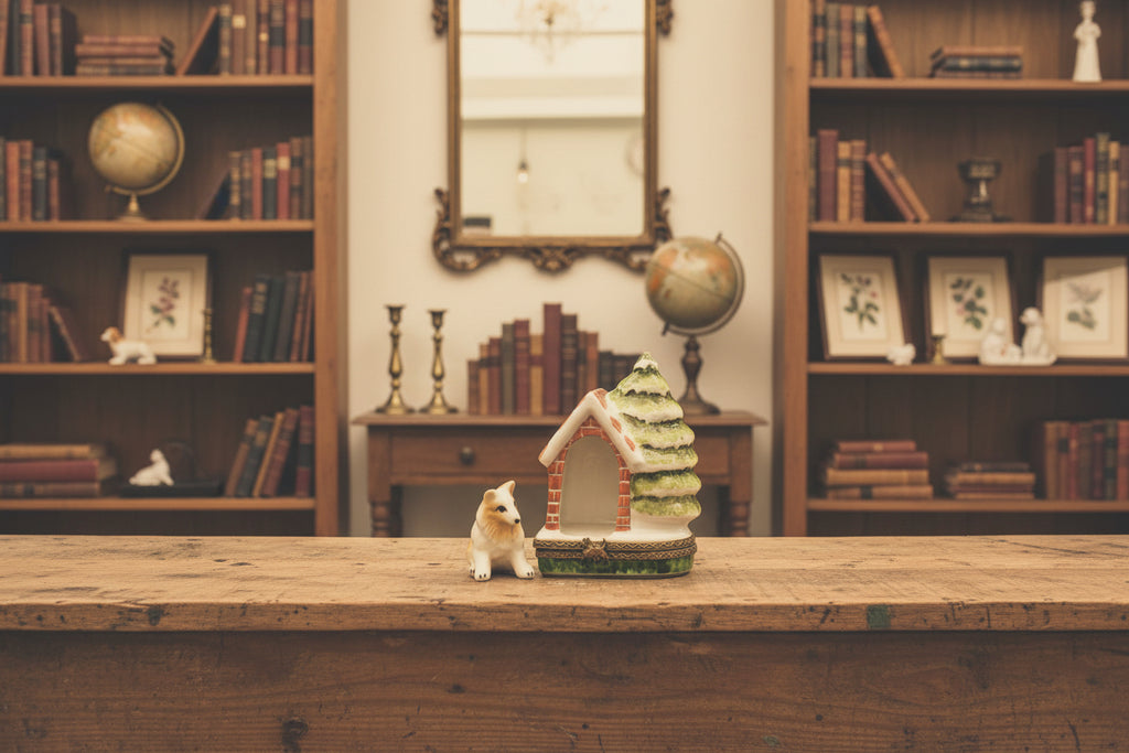 Decorative miniature scene with a doghouse, tree, and dog figurine on a white background