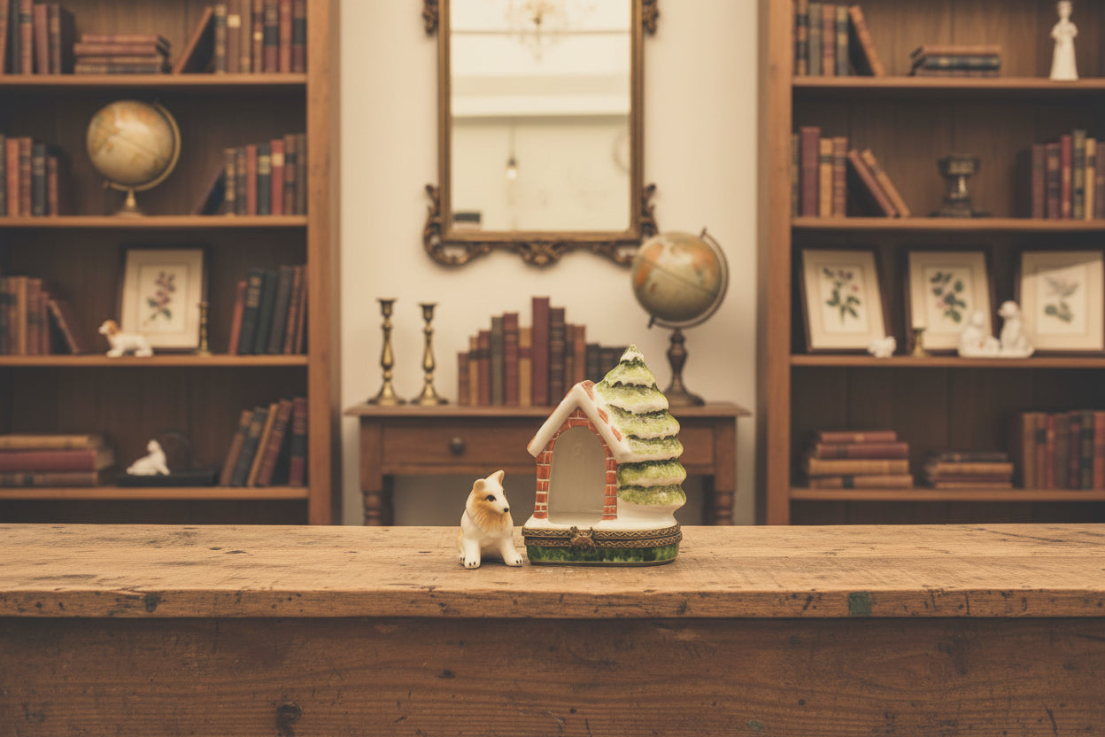 Decorative miniature scene with a doghouse, tree, and dog figurine on a white background