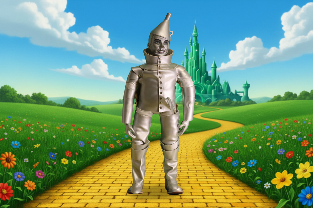 Silver Tin Man figure on a textured surface with blurred background