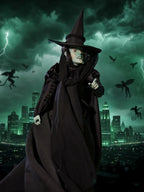 Person in a witch costume with a dark cityscape and stormy sky in the background
