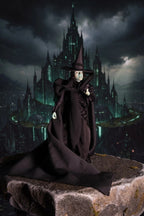 Person in wizard costume with a dark, gothic castle in the background
