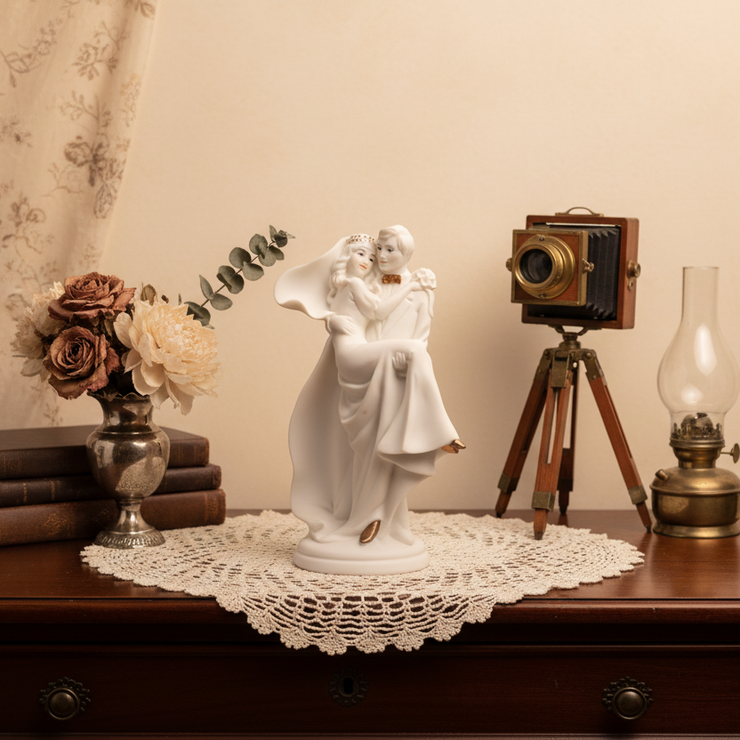 Vintage camera, lamp, books, and decorative items on a wooden surface with a floral curtain background.