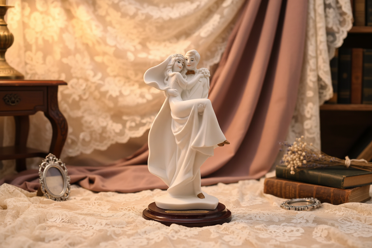 Statue of a couple embracing on a wooden base with a soft, warm background