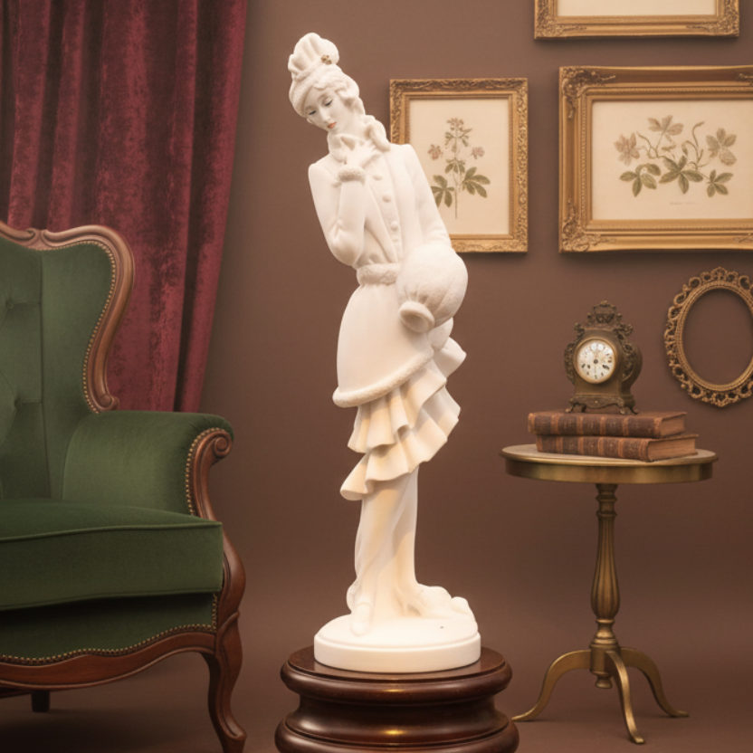 Vintage-style room with green armchair, statue, and framed pictures on a brown wall.