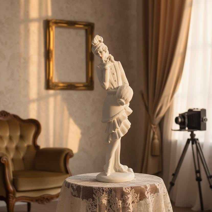 A white classical-style female statue in a ruffled dress stands on a round table in a softly lit room with curtains, a framed picture on the wall, and a vintage camera on a tripod in the background.