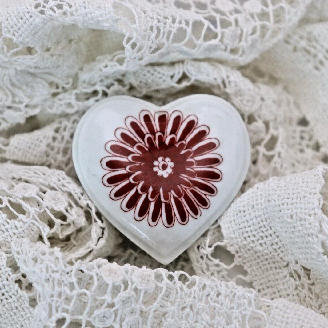 Heart Shaped Trinket Box with Maroon floral design on a lace background