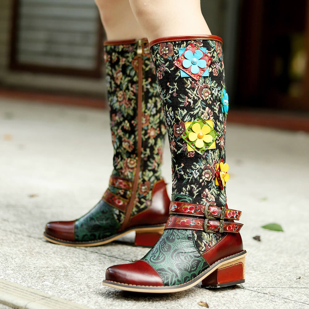 Vintage Handmade Floral Lace-up Boots