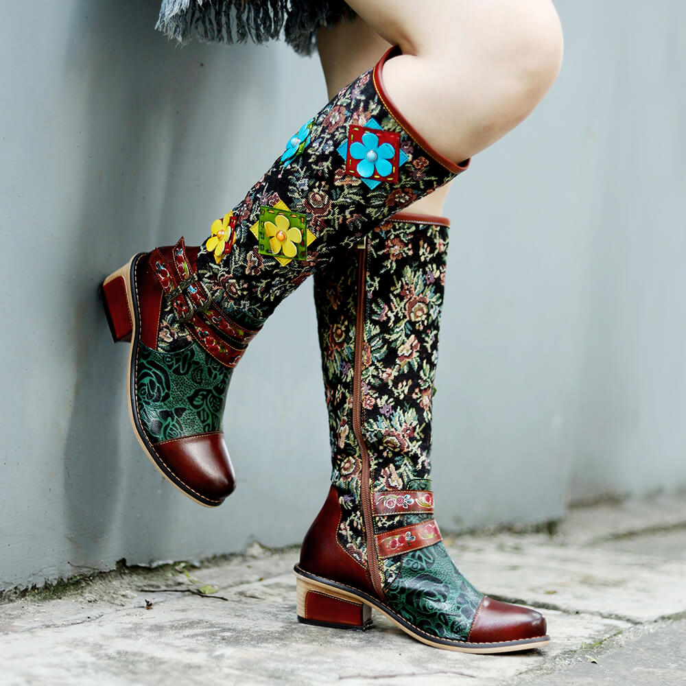 Vintage Handmade Floral Lace-up Boots