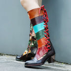 Handmade Leather Embossed Patchwork Adjustable Boots