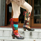 Handmade Leather Embossed Patchwork Adjustable Boots
