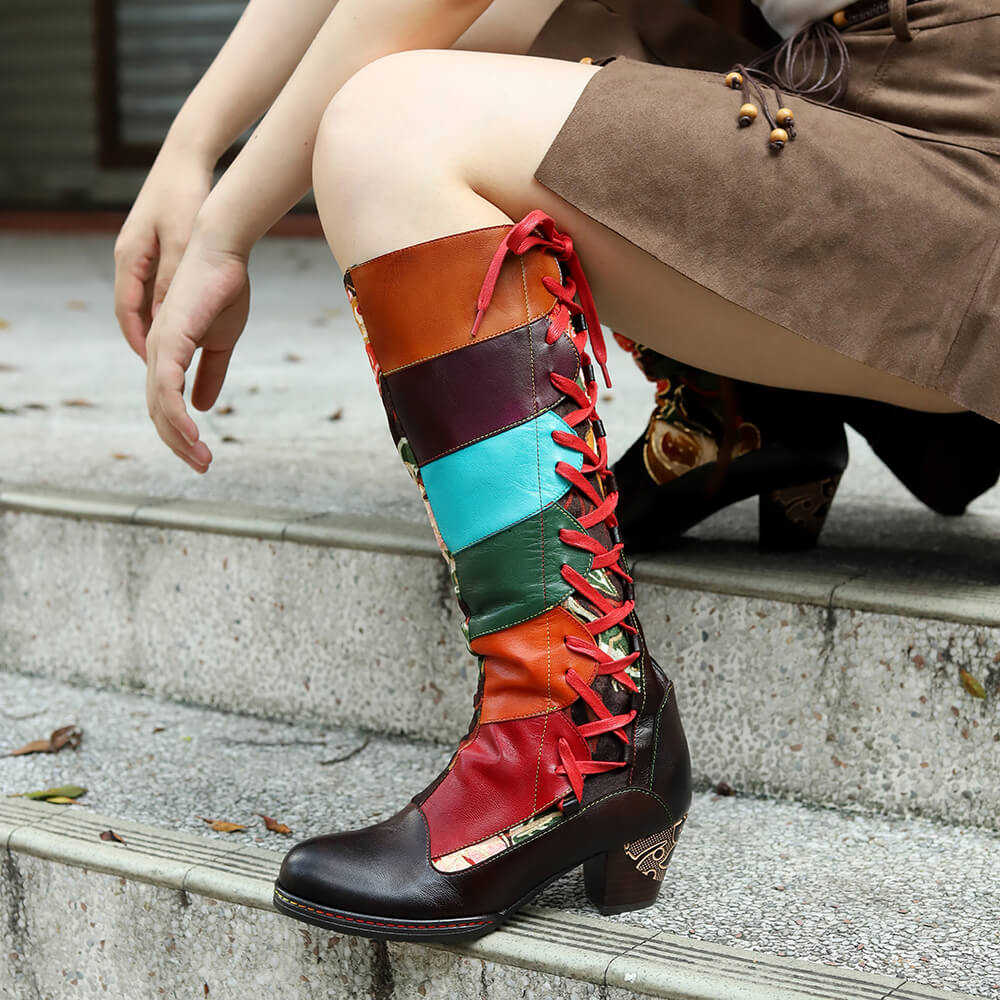 Handmade Leather Embossed Patchwork Adjustable Boots