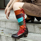 Handmade Leather Embossed Patchwork Adjustable Boots
