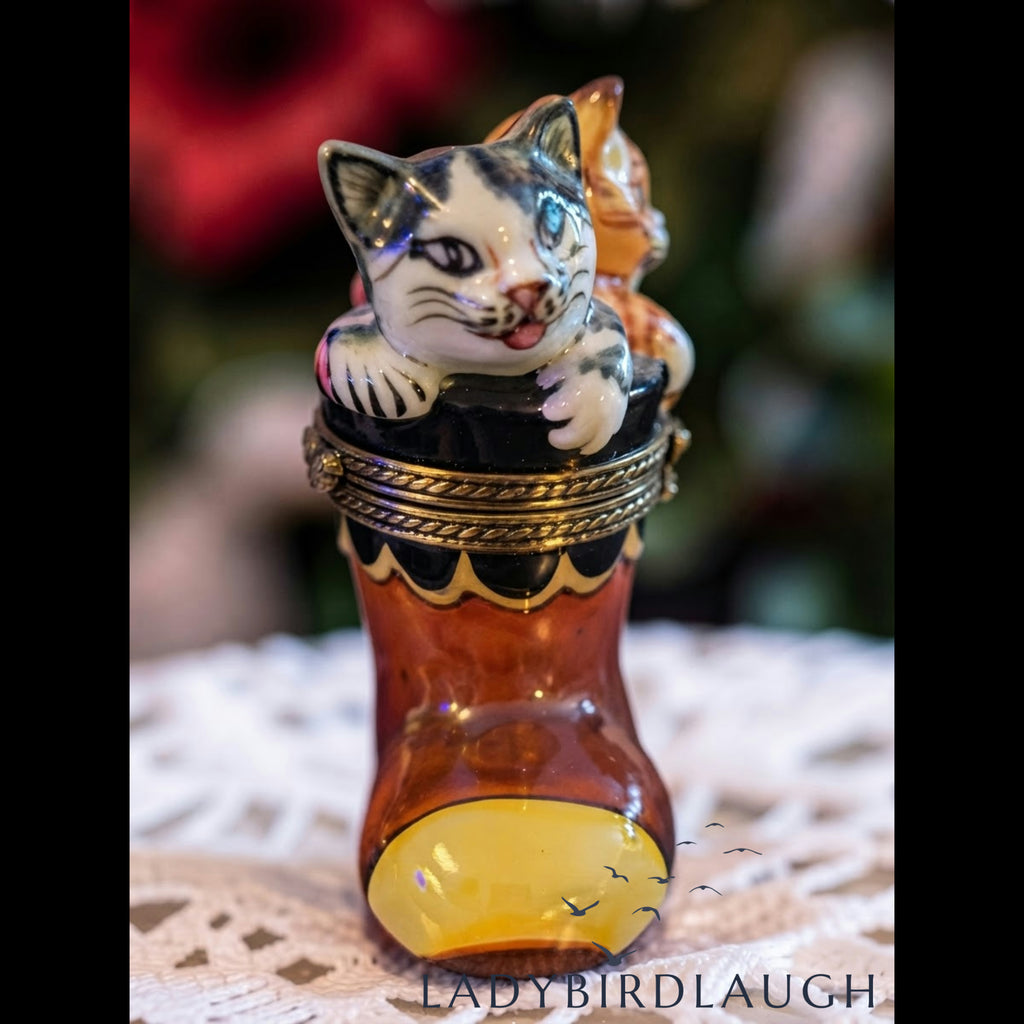 Hand-Painted Limoges Kittens in Christmas Stocking Porcelain Trinket Box