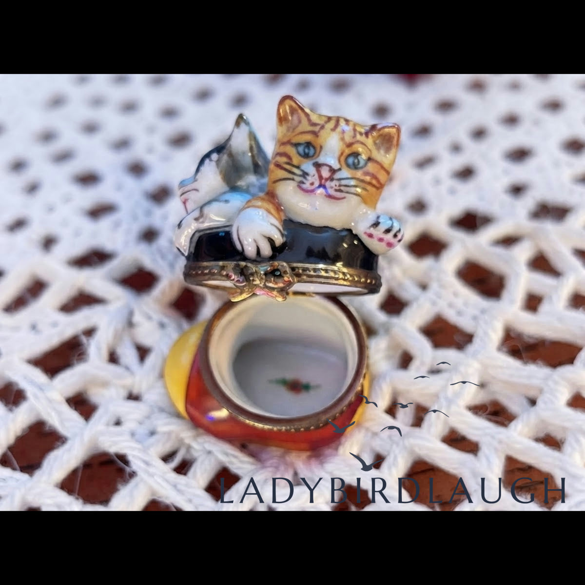Hand-Painted Limoges Kittens in Christmas Stocking Porcelain Trinket Box