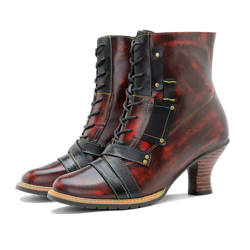 Vintage Handcrafted Mixed Leather High Heel Ankle Boots