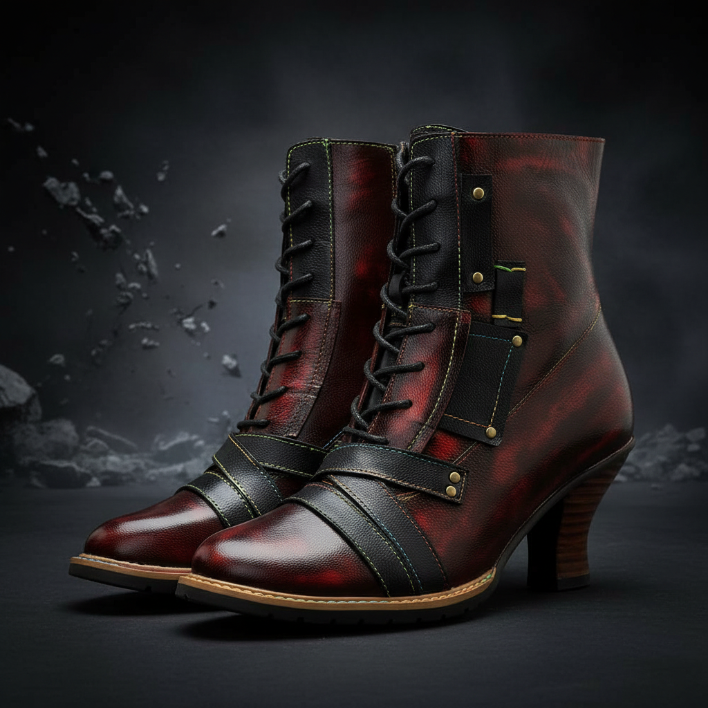Pair of brown leather boots with black accents on a white background