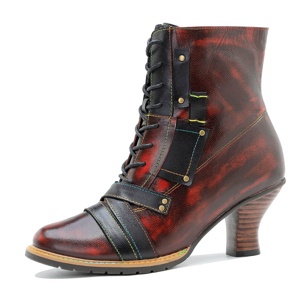 Vintage Handcrafted Mixed Leather High Heel Ankle Boots