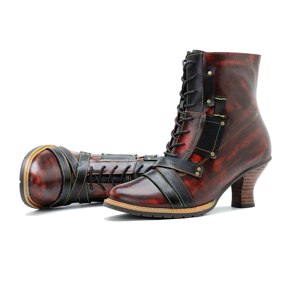 Vintage Handcrafted Mixed Leather High Heel Ankle Boots