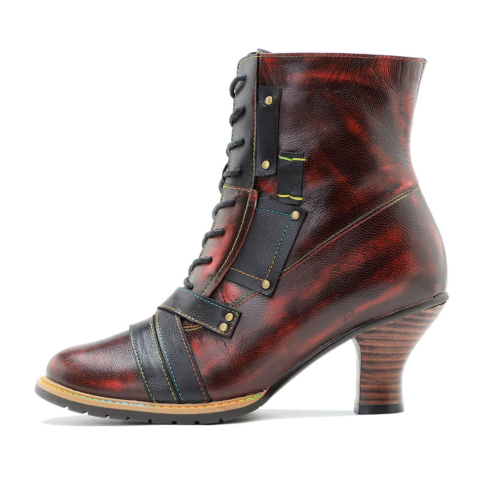 Vintage Handcrafted Mixed Leather High Heel Ankle Boots