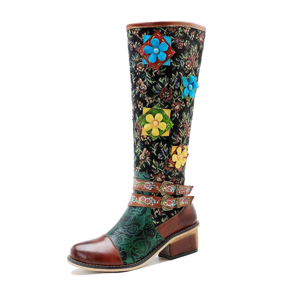 Vintage Handmade Floral Lace-up Boots