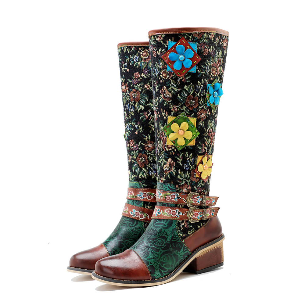 Vintage Handmade Floral Lace-up Boots