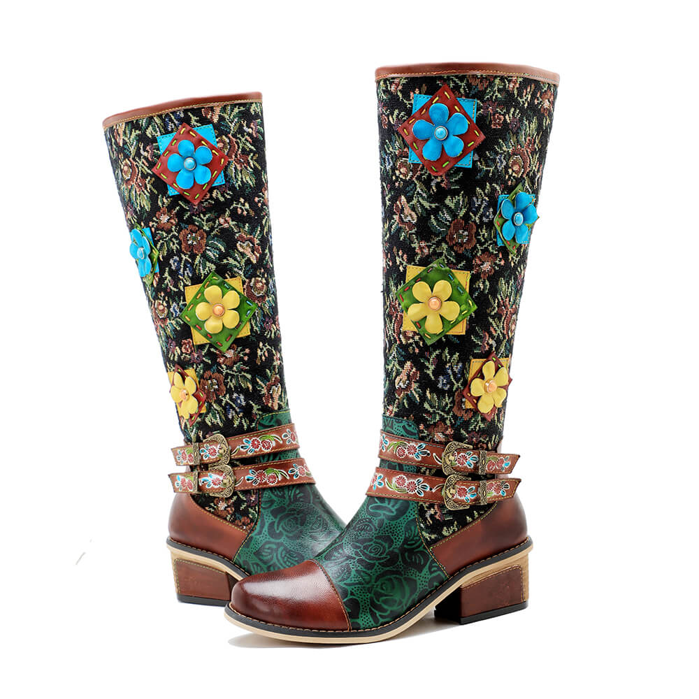 Vintage Handmade Floral Lace-up Boots