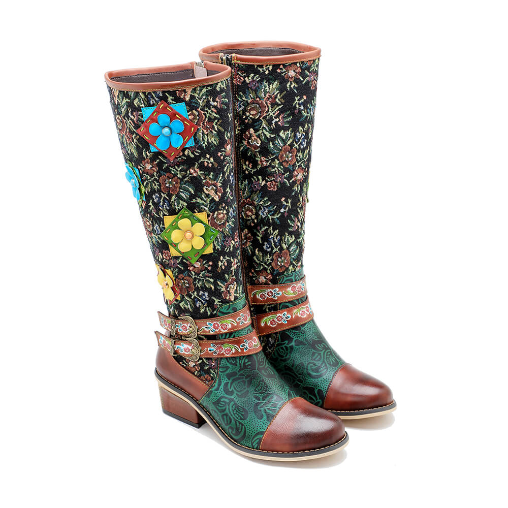 Vintage Handmade Floral Lace-up Boots