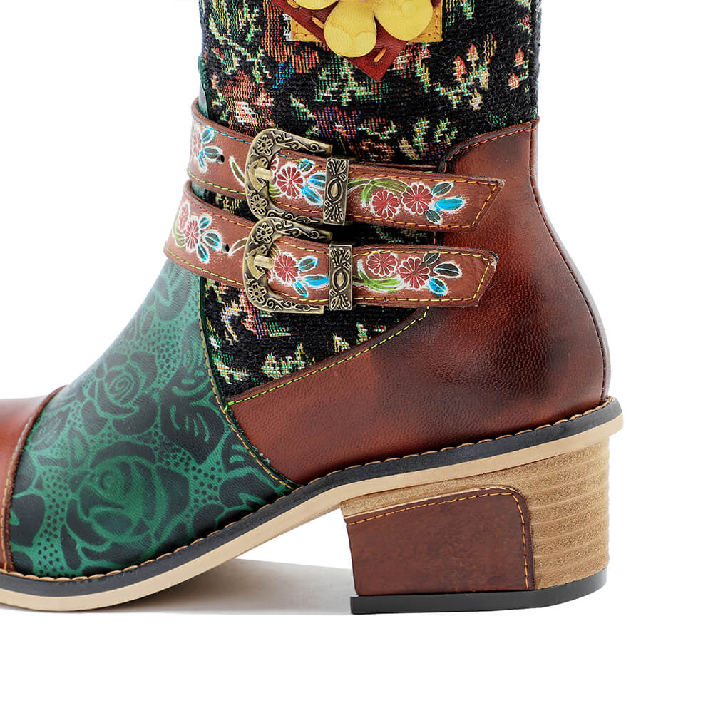 Vintage Handmade Floral Lace-up Boots