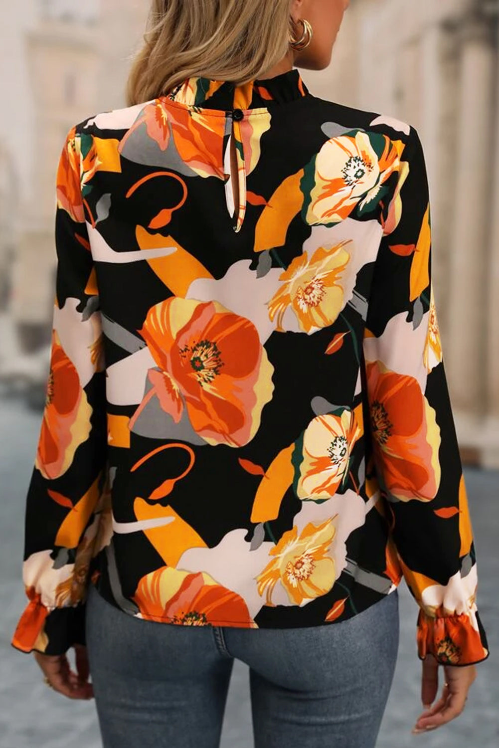 Sammie - Black Floral Print Mock Neck Blouse