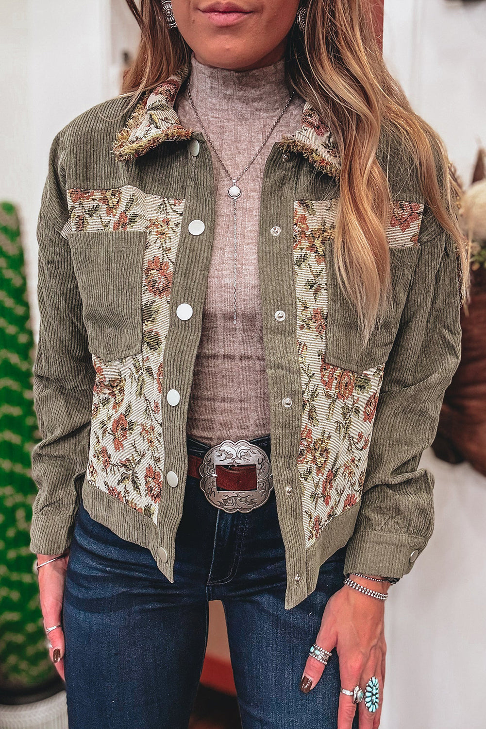 Deidra - Sage Green Ribbed Retro Floral Patchwork Shirt Style Jacket