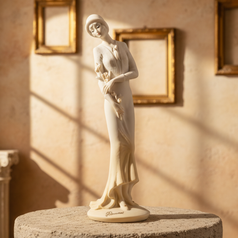 Statue of a woman on a pedestal in a room with framed pictures on the wall.