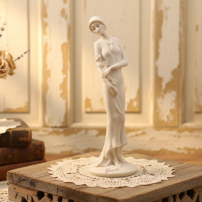 White figurine on a wooden stand with a vase of flowers and books in the background.