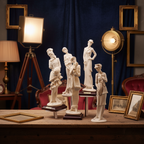 Set of white ceramic figurines on a black background