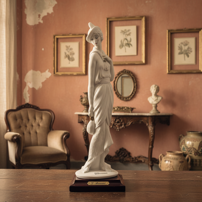 Statue in a room with decorative elements and framed pictures on the wall.