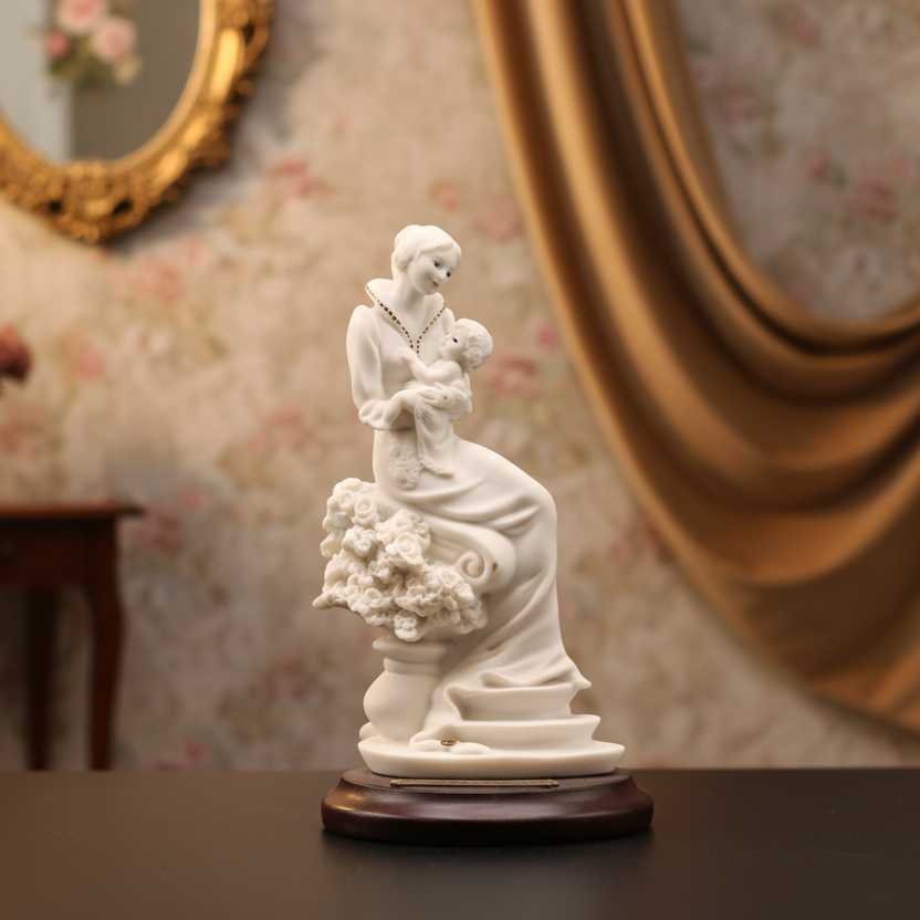 White ceramic sculpture of a woman holding a child on a dark background