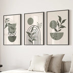 3 Piece Boho Wall Art Prints. Green Mid-Century Abstract Decor