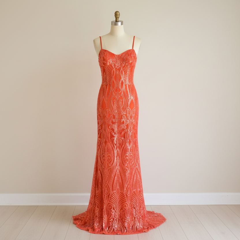 Morgan & Co 1745 Irredescent Shimmery Orange Sequin Prom Dress - LADYBIRD LAUGH