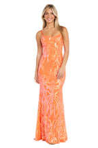 Woman wearing an orange floral dress on a white background