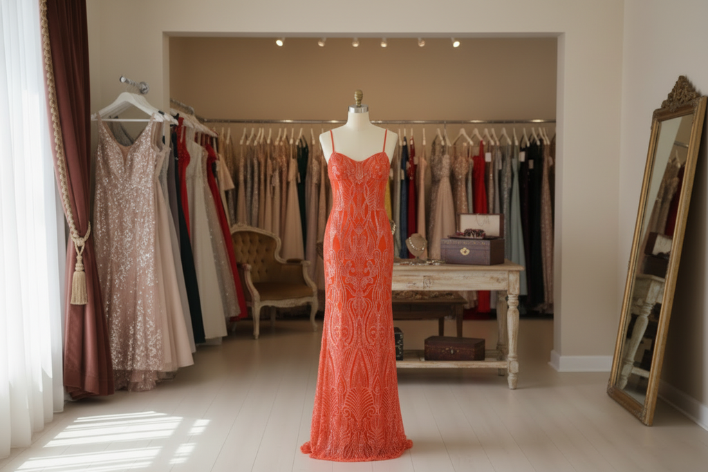 Orange evening gown on a mannequin against a beige wall.