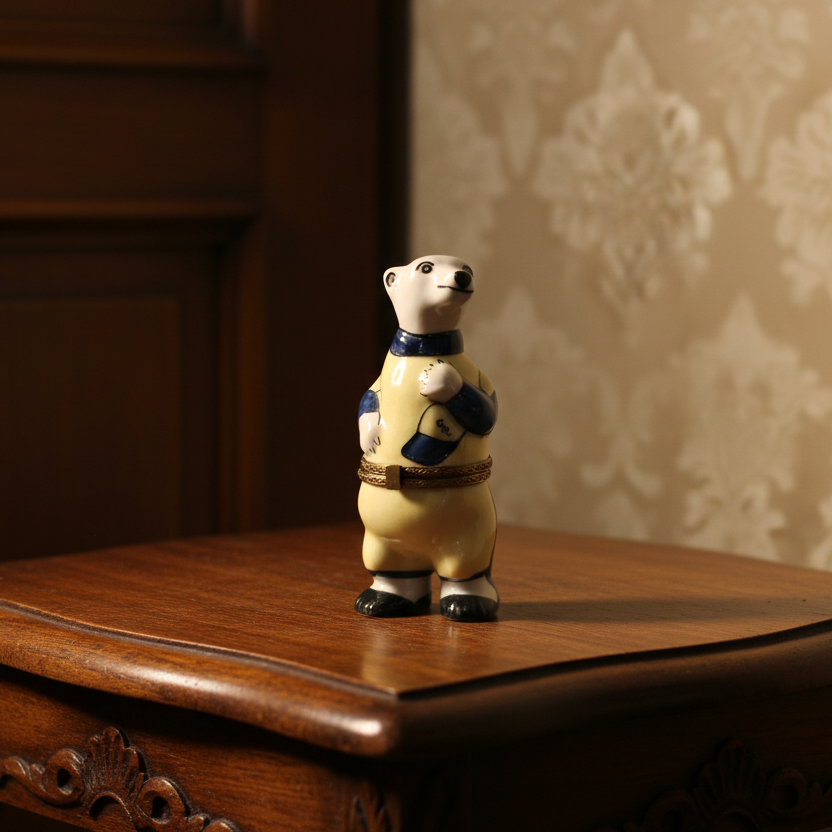 Small figurine of a bear in a sweater on a wooden surface with patterned wallpaper in the background