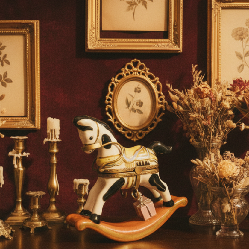 Decorative room with a rocking horse, framed pictures, and candles on a dark surface.