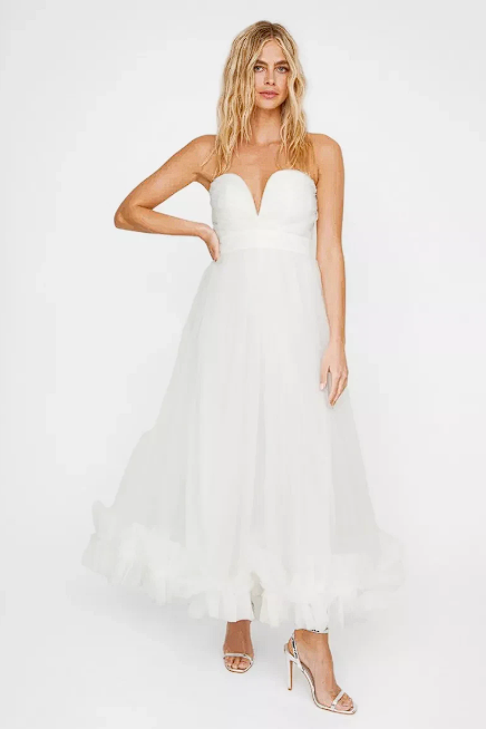 Nasty Gal Ivory Strapless Plunge Neck Tulle Dress - LADYBIRD LAUGH