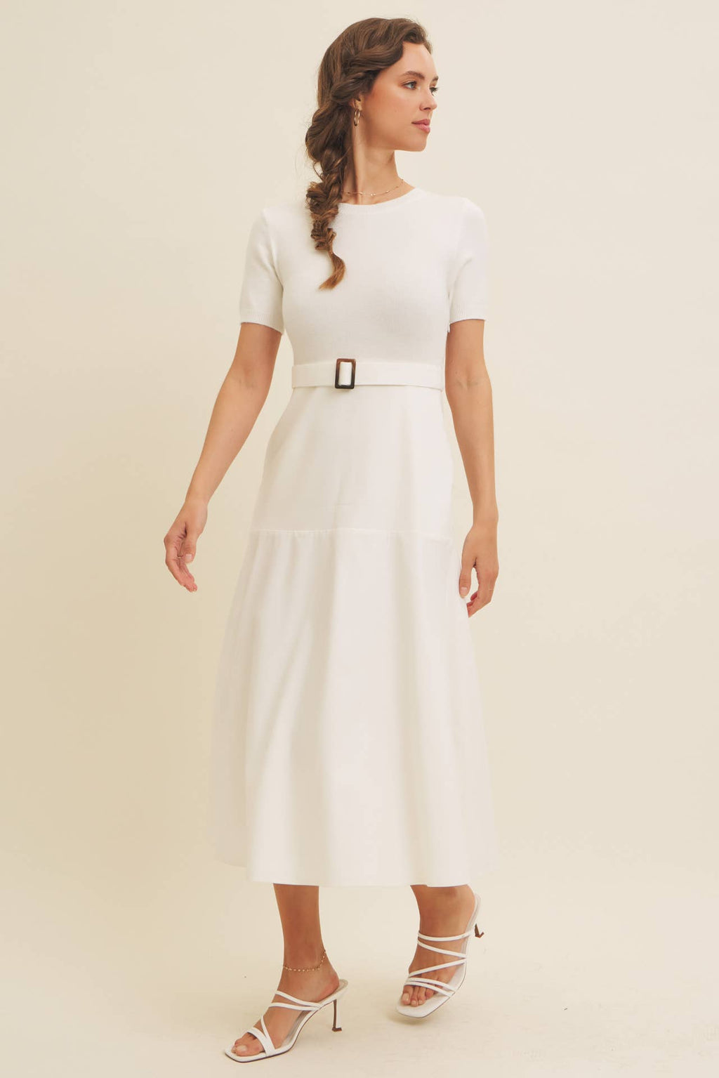 DELANEY- Super Soft White Mixed Media Sweater Midi Dres with Belt