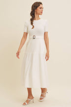 DELANEY- Super Soft White Mixed Media Sweater Midi Dres with Belt
