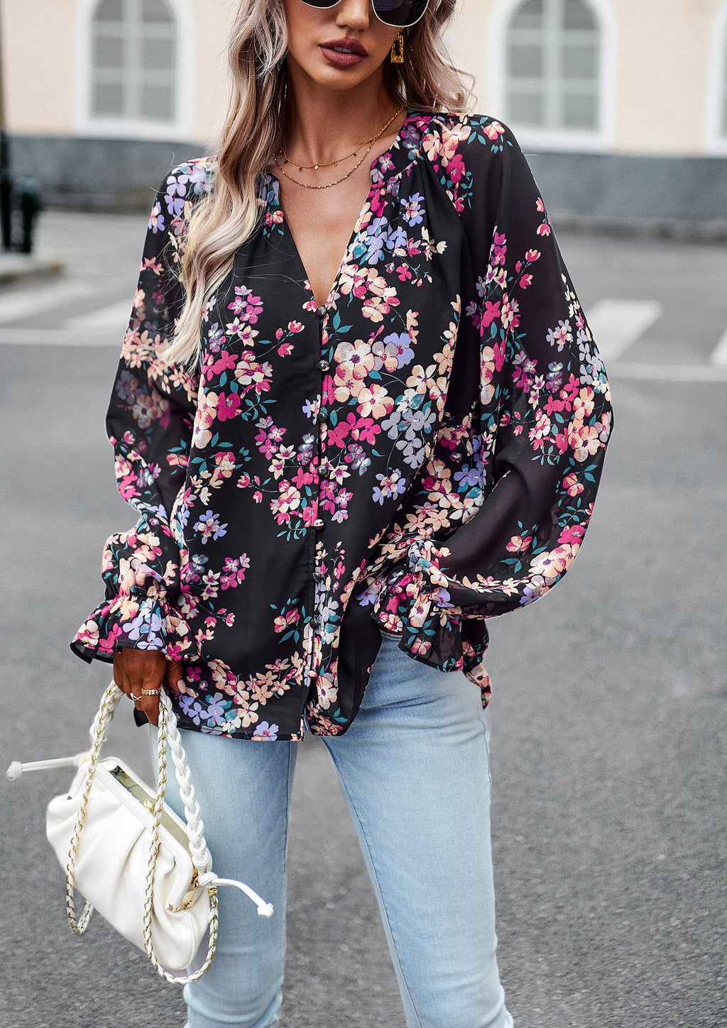 Nancy - Floral Button Down Long Sleeve Blouse