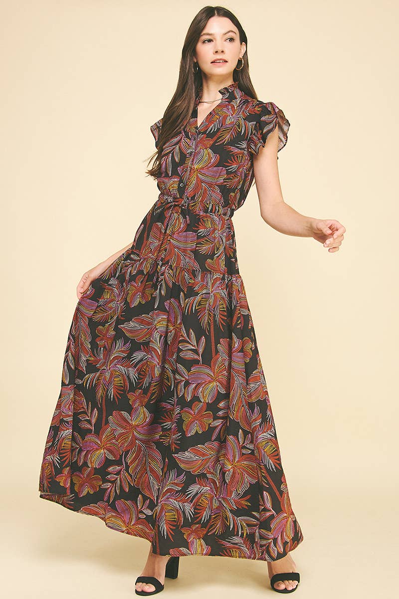 Jana - Leaf Print Tiered Maxi Dress