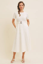 DELANEY- Super Soft White Mixed Media Sweater Midi Dres with Belt