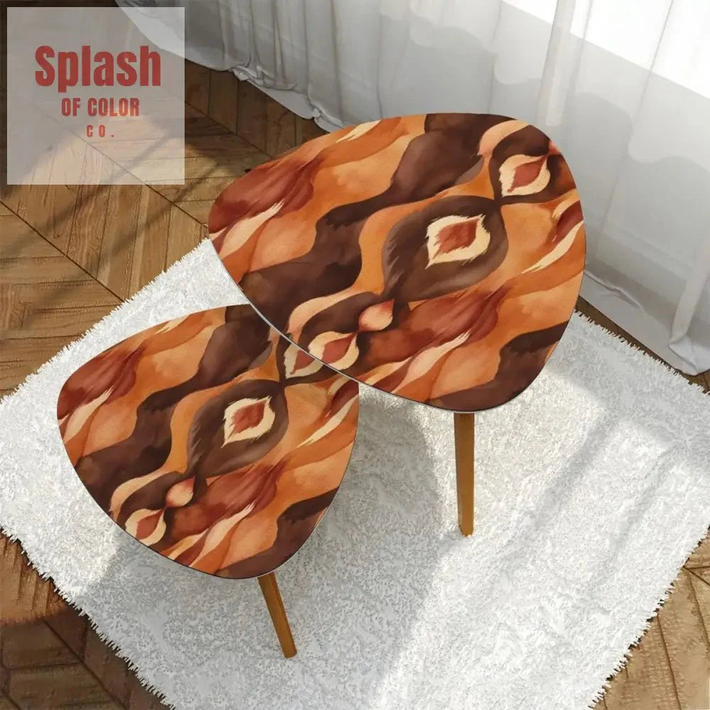 Ikat Boho Nesting Tables Brown Golden Watercolor, Bohemian Home Decor Side Tables