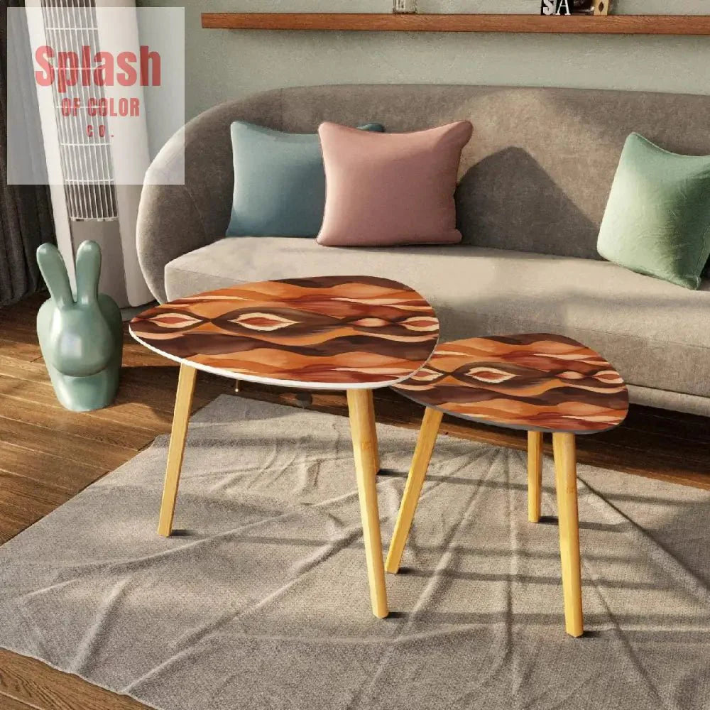 Ikat Boho Nesting Tables Brown Golden Watercolor, Bohemian Home Decor Side Tables