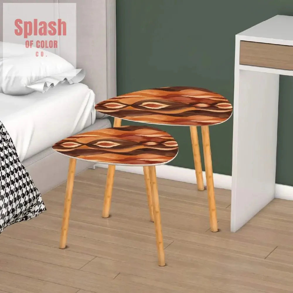 Ikat Boho Nesting Tables Brown Golden Watercolor, Bohemian Home Decor Side Tables
